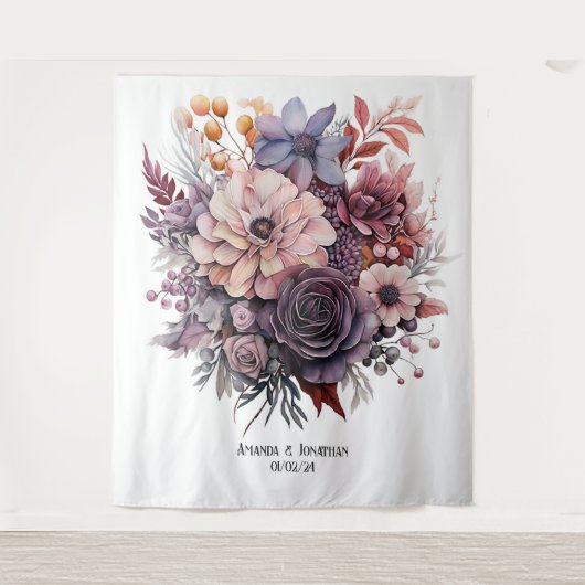 Pruim, Grijs, Koper en Stof Roos Bloemige Trouw Wandkleed (Voorkant)
