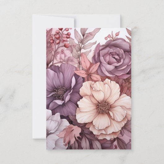 Pruim, Grijs, Koper en Stoffig Roos Bloemenbruilof RSVP Kaartje (Achterkant)