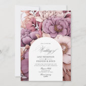Pruim, Grijs, Koper en Stoffig Roos Bruiloft Kaart (Voorkant)