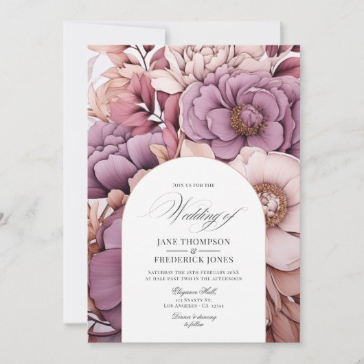 Pruim, Grijs, Koper en Stoffig Roos Bruiloft Kaart (Voorkant)