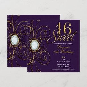 Pruim Koninklijk Paars & Goud Diamant Sweet 16 Ver Kaart