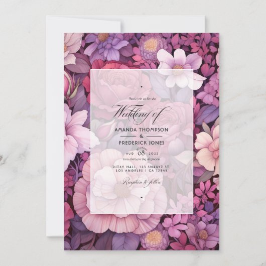 Pruim, Mauve, en Roos Gouden Bloemenbruiloft Kaart (Voorkant)