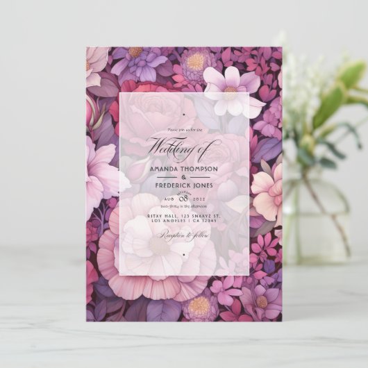 Pruim, Mauve, en Roos Gouden Bloemenbruiloft Kaart (Staand voorkant)