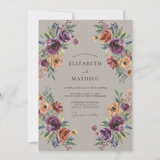 Pruim Okergelakte Wilde Bloemen Bruiloft Kaart (Voorkant)