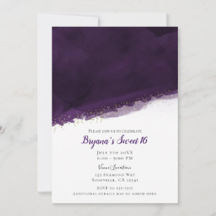 Pruim Paars Aquarel & Goud Modern Chic Sweet 16 Kaart