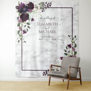 Pruim Paars Goud Aquarel Marmer Foto Bruiloft Wandkleed