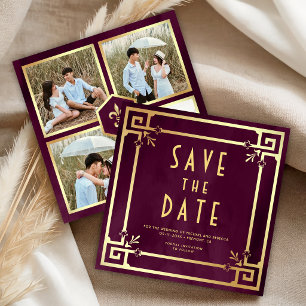 Pruim Paars Goud Art Deco Foto Collage Bruiloft Save The Date
