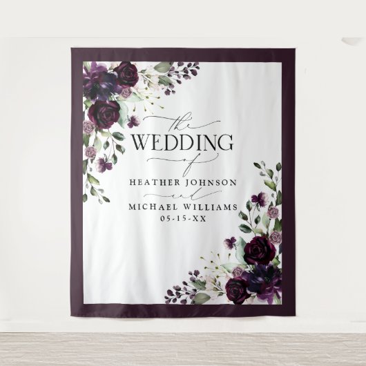 Pruim Paars Mauve Bloem Waterverf Trouwfoto Wandkleed (Voorkant)