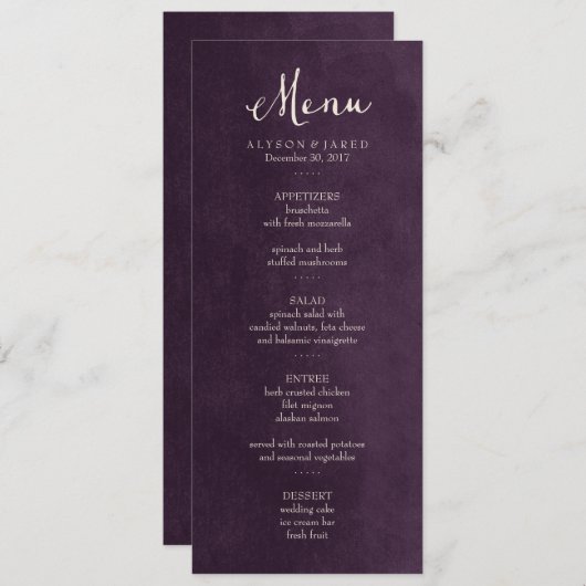 Pruim Paarse Bruiloft Menu Kaart (Voorkant / Achterkant)