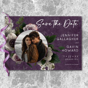 Pruim Paarse Elegante Bloemige Moderne Trouwfoto Save The Date