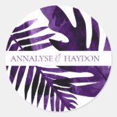 Pruim Paarse Tropisch Eiland Bladeren Bruiloft Ronde Sticker (Voorkant)