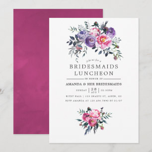 Pruim & Roze Waterverf Bloemen Bruidsmeisjes Lunch Kaart