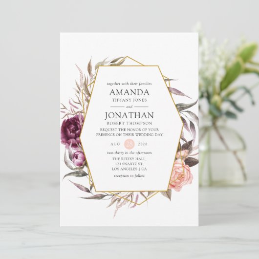 Pruimfluweel en blozende roze bloemige trouwdag kaart (Staand voorkant)