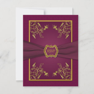 Pruimwijn Damast en Gouden Medaillon Antwoordkaart RSVP Kaartje