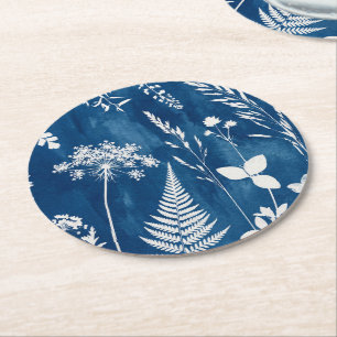 Pruisisch Indigo Blauw Cyanotype Varens Botanische Ronde Kartonnen Onderzetter