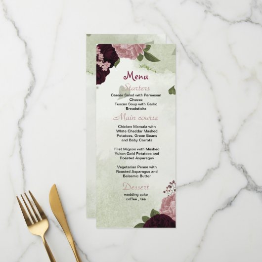 prune fleurs roses verdure menu mariage (Devant/Arrière en situation)
