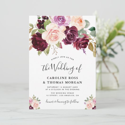 prune peinte violet rose faire-part de mariage (Debout devant)