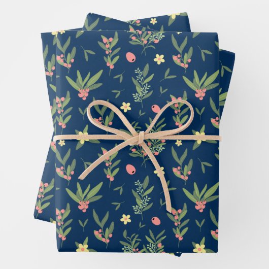 Prussian Blue, Green & Salmon Olive Branch Pattern Inpakpapier Vel (In situ)