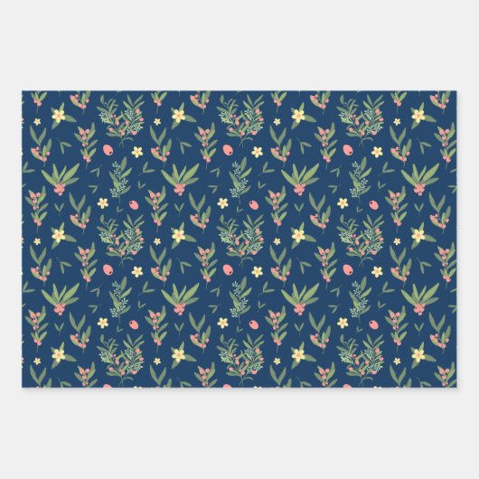 Prussian Blue, Green & Salmon Olive Branch Pattern Inpakpapier Vel (Voorkant)