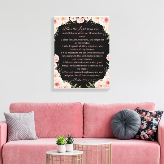 Psalm 103:1-6 Wall Art Canvas - Zwart Bloemen Prin (Insitu (Woonkamer))