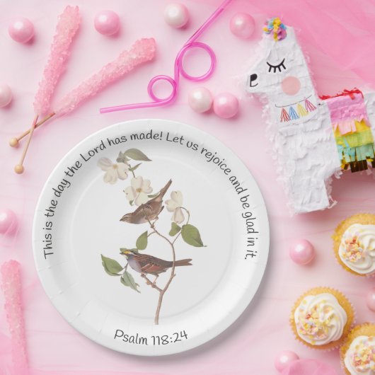 Psalm 118:24 Bijbelvers en Spreeuwenpaar Papieren Bordje (Feest)