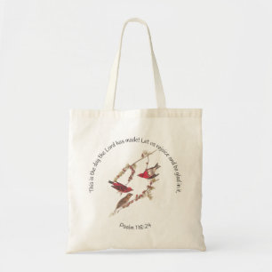 Psalm 118:24 en drie rode vogels tote bag
