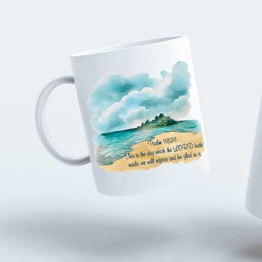 Psalm 118 Dag om te Vreuen Bewolkte Strand Scene Koffiemok