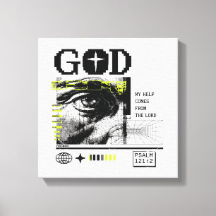 Psalm 121:2 Neon Lime Oog van God CRT Glitch Kunst Canvas Afdruk
