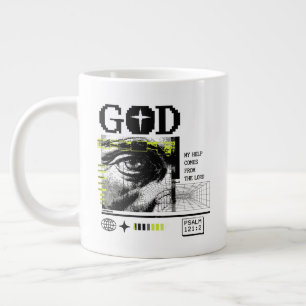 Psalm 121:2 Neon Lime Oog van God CRT Glitch Kunst Extra Grote Beker