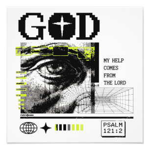 Psalm 121:2 Neon Lime Oog van God CRT Glitch Kunst Foto Afdruk