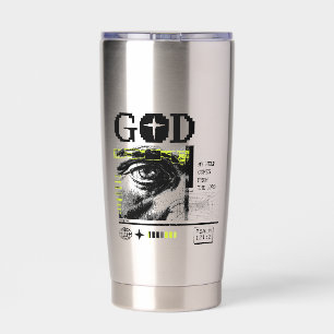 Psalm 121:2 Neon Lime Oog van God CRT Glitch Kunst Geïsoleerde Drinkbeker