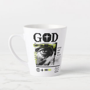 Psalm 121:2 Neon Lime Oog van God CRT Glitch Kunst Latte Mok