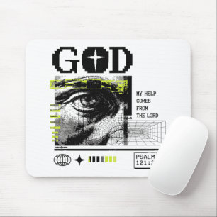 Psalm 121:2 Neon Lime Oog van God CRT Glitch Kunst Muismat