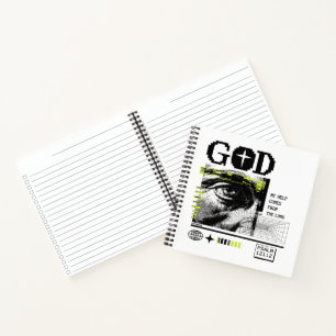 Psalm 121:2 Neon Lime Oog van God CRT Glitch Kunst Notitieboek