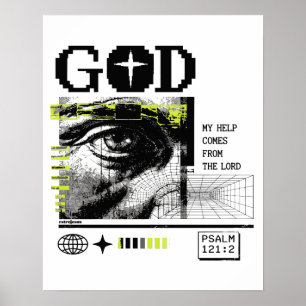 Psalm 121:2 Neon Lime Oog van God CRT Glitch Kunst Poster