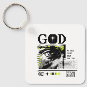 Psalm 121:2 Neon Lime Oog van God CRT Glitch Kunst Sleutelhanger