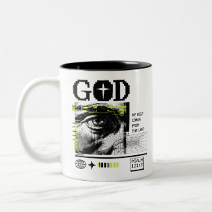 Psalm 121:2 Neon Lime Oog van God CRT Glitch Kunst Tweekleurige Koffiemok