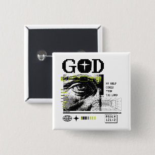 Psalm 121:2 Neon Lime Oog van God CRT Glitch Kunst Vierkante Button 5,1 Cm