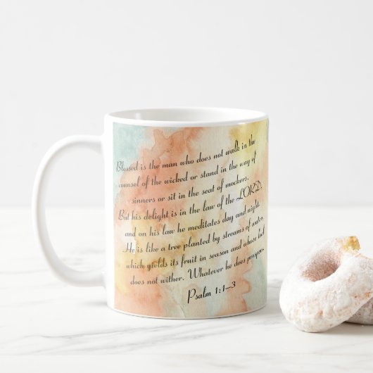 Psalm 1 Gezegende Waterverf Script Koffiemok (Met donut)