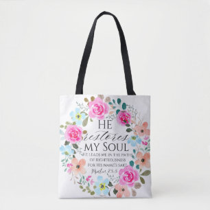 Psalm 23:3 Hij herstelt mijn ziel Roze Bloemen Bij Draagtas