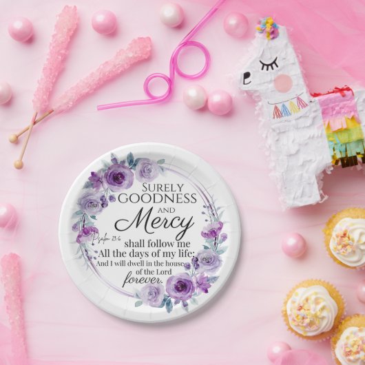 Psalm 23:6 Inspirerend Bijbelvers Paarse Bloemen Papieren Bordje (Feest)