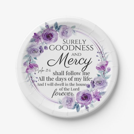 Psalm 23:6 Inspirerend Bijbelvers Paarse Bloemen Papieren Bordje (Voorkant)