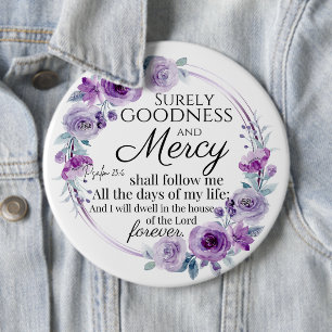 Psalm 23:6 Inspirerend Bijbelvers Paarse Bloemen Ronde Button 6,0 Cm