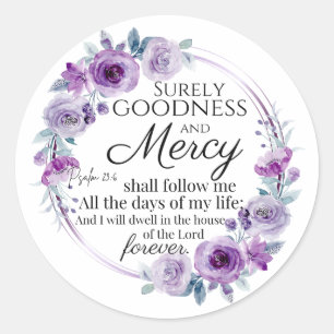 Psalm 23:6 Inspirerend Bijbelvers Paarse Bloemen Ronde Sticker