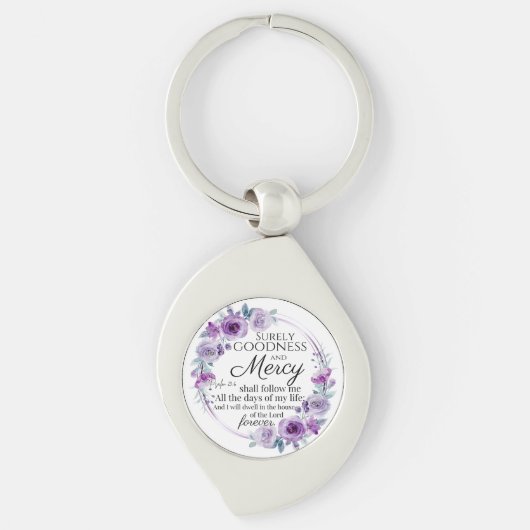 Psalm 23:6 Inspirerend Bijbelvers Paarse Bloemen Sleutelhanger (Voorkant)