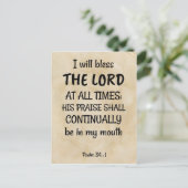 Psalm 34:1 (KJV) op een blical-scrollachtergrond Briefkaart (Staand voorkant)