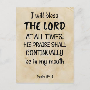 Psalm 34:1 (KJV) op een blical-scrollachtergrond Briefkaart