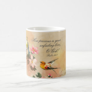 Psalm 36:7 Bijbelvers, Vintage vogels en bloemen Koffiemok