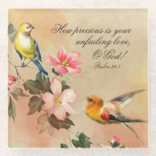 Psalm 36:7 Bijbelverse,  vogels en bloemen Glazen Onderzetter