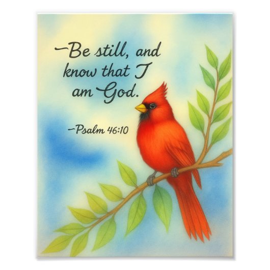 Psalm 46:10 Be Still Red Cardinal Scripture Nature Foto Afdruk (Voorkant)